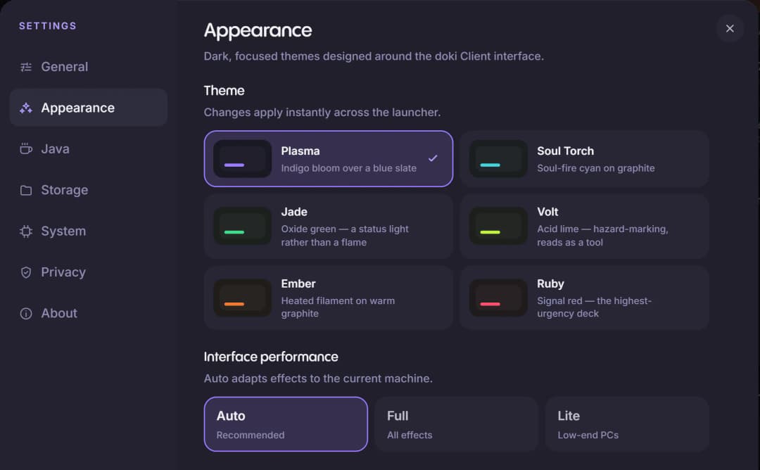 doki's Appearance settings: the six themes, and Auto, Full or Lite interface effects.