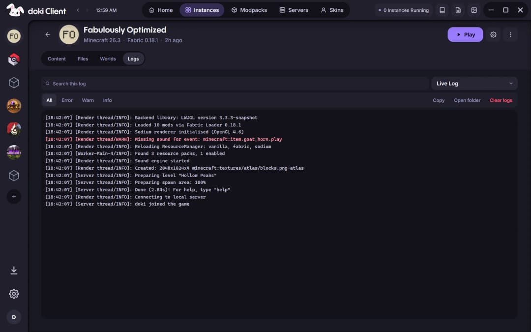 doki's live console showing a Fabric instance's launch log, with one warning highlighted.