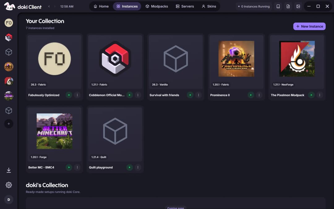 The Instances page with instances on Fabric, Vanilla, NeoForge, Forge and Quilt.