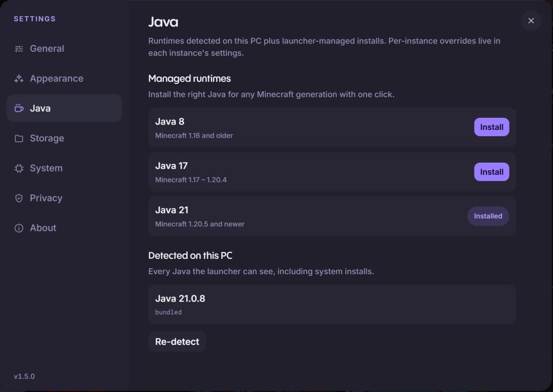doki's Java settings: Java 21 bundled, with Java 8 and 17 a click away.