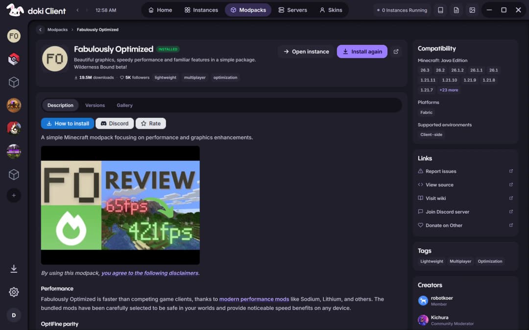A Modrinth modpack's page inside doki with its description and an Install button.