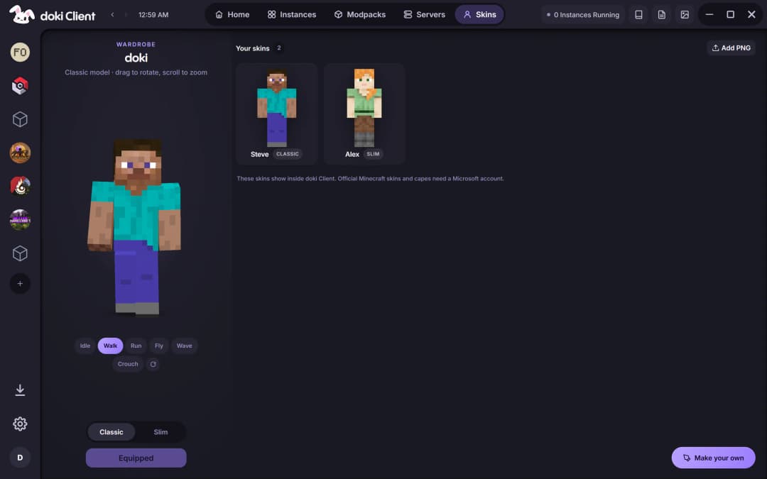 doki's Skins page: a 3D Minecraft character beside a wardrobe of saved skins.