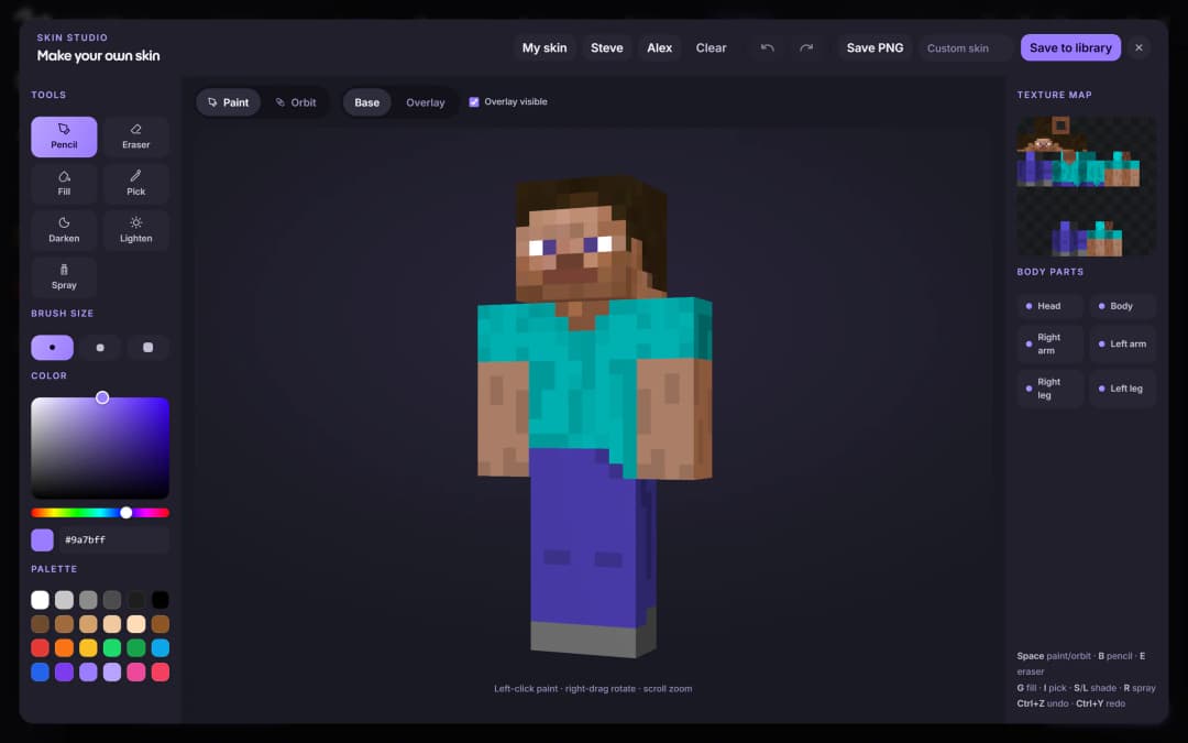 Skin Studio, a 3D skin editor with paint tools and a colour picker.